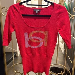 Bebe Red Knit 3/4 sweater Top with Rhinestone gold / silver med small  AS IS